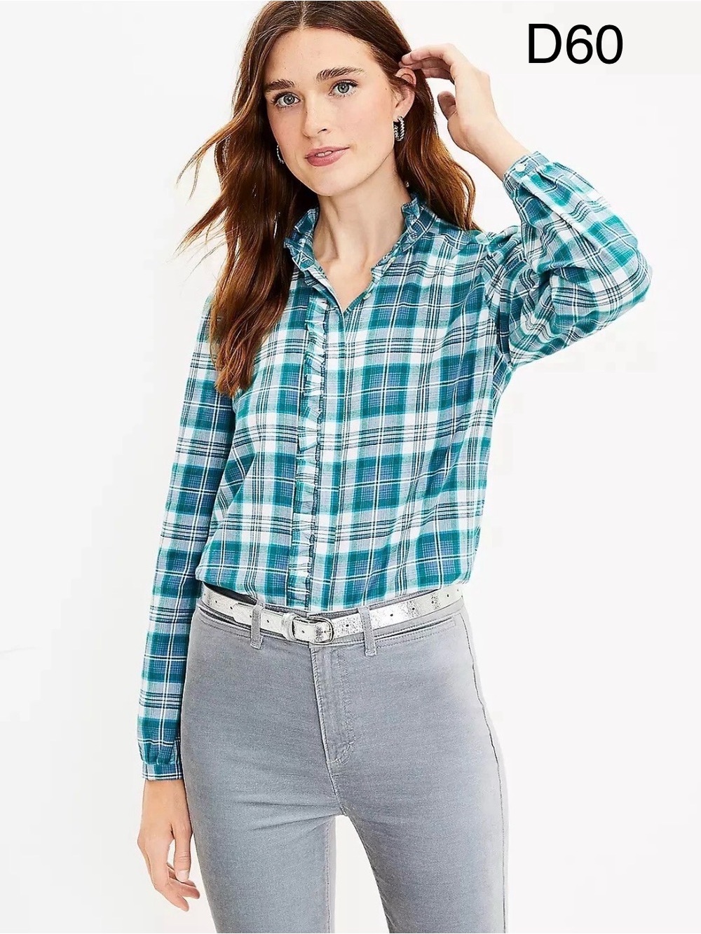 LOFT Teal Plaid Ruffle Collar Button-Down Shirt, Size Medium